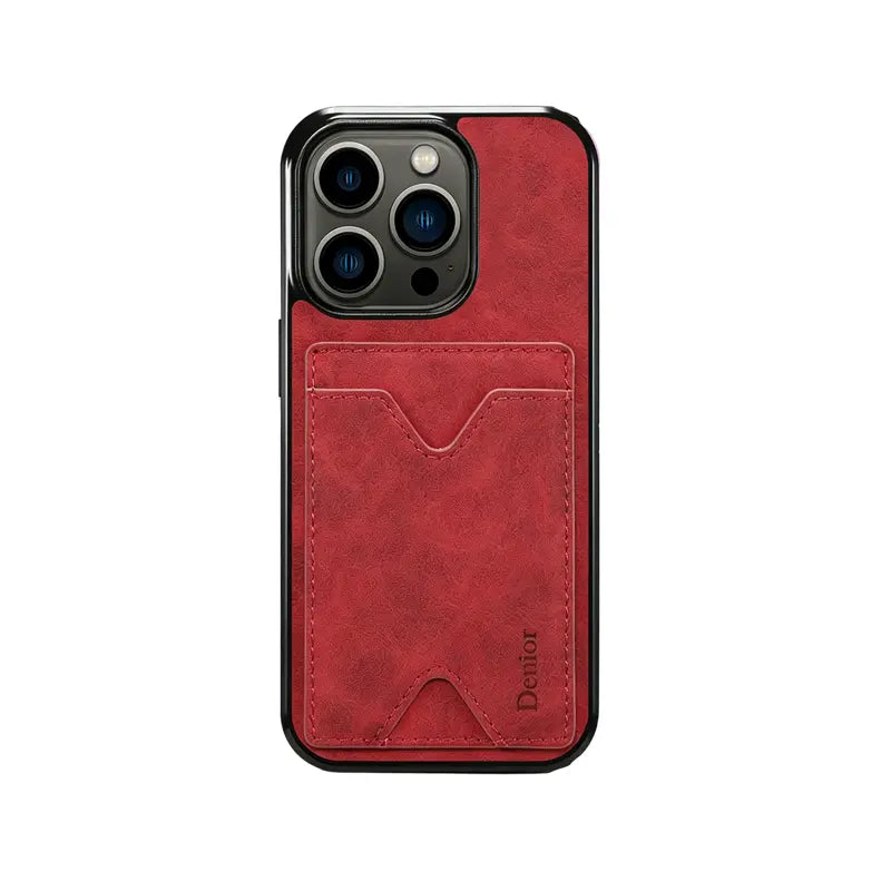 Brown leather iPhone case with built-in card holder and stand feature by PADUCASE, showing the sleek design and functional slots.