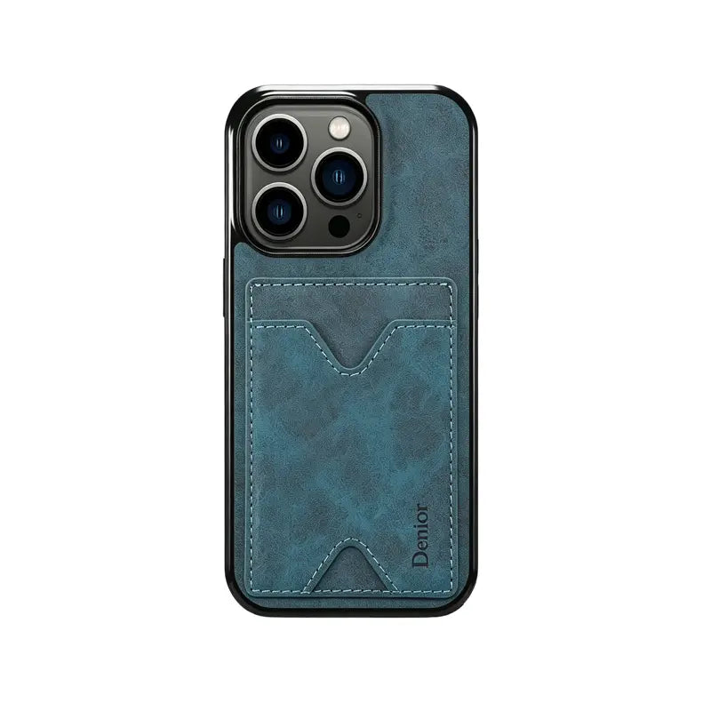 Brown leather iPhone case with built-in card holder and stand by PADUCASE, showing the case open with cards inside and phone slot.