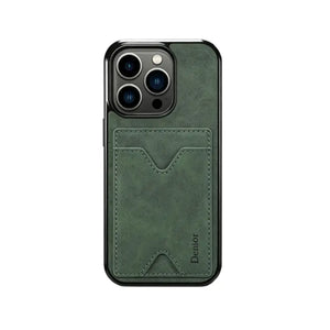 Brown leather iPhone case with built-in card holder and stand, designed by PADUCASE, showing the case open with phone and cards visible.