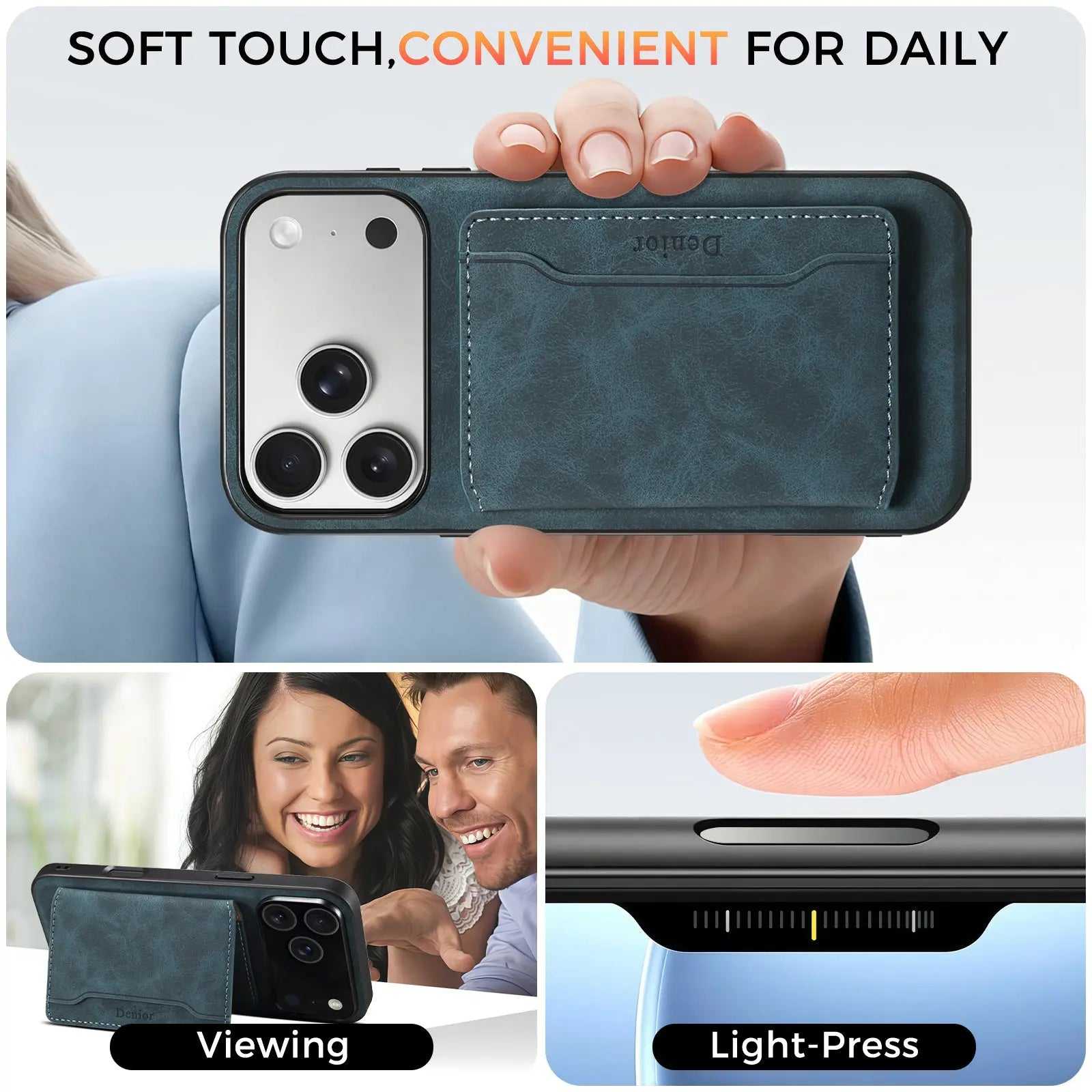 Blue leather iPhone case with MagSafe magnetic wallet for iPhone 12 to 17, by PADUCASE, showing the case and wallet attached.
