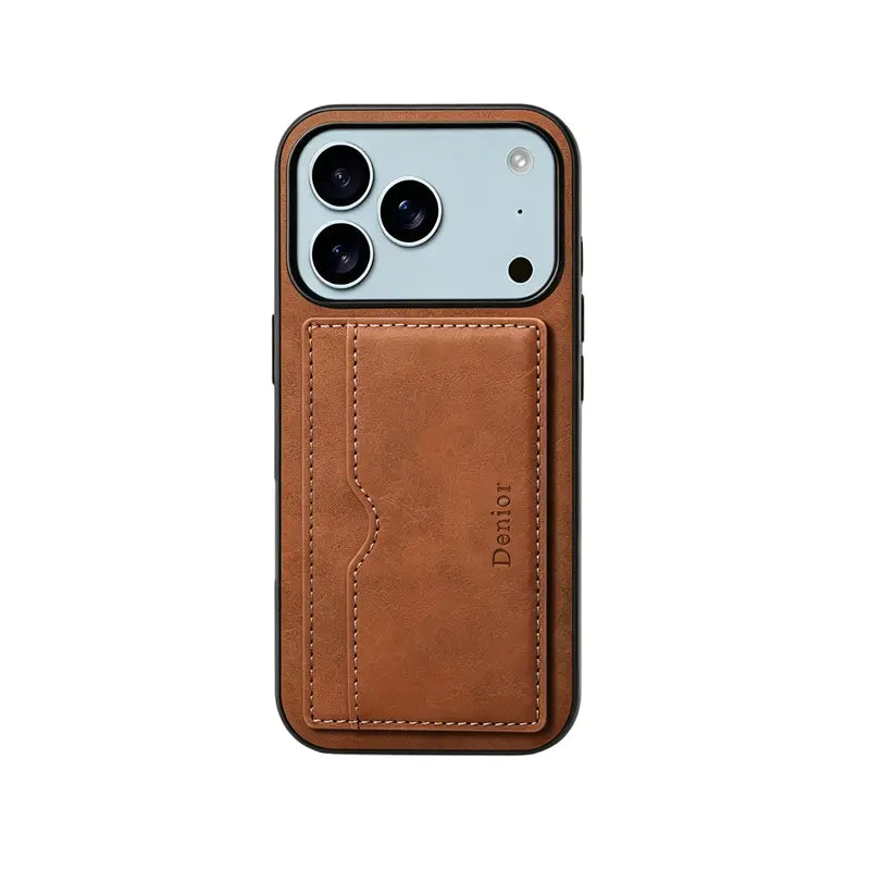 Black leather iPhone case with card holder for iPhone 12 to 17, featuring a sleek design and durable construction by PADUCASE.