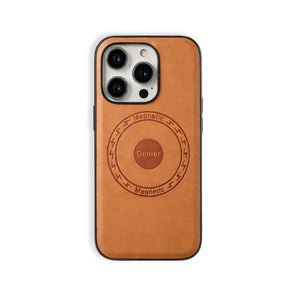 Brown MagSafe leather iPhone case by PADUCASE, showing sleek design and magnetic attachment on the back of the iPhone.