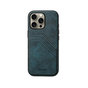 Black leather iPhone case with built-in card holder from PADUCASE, offering full protection and convenient card storage.