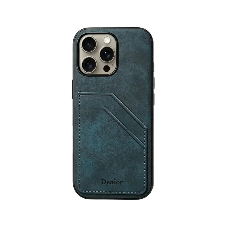 Black leather iPhone case with built-in card holder from PADUCASE, offering full protection and convenient card storage.