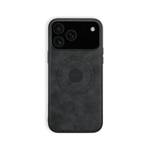 Black MagSafe leather iPhone case by PADUCASE with full protection and sleek design, shown on a white background.