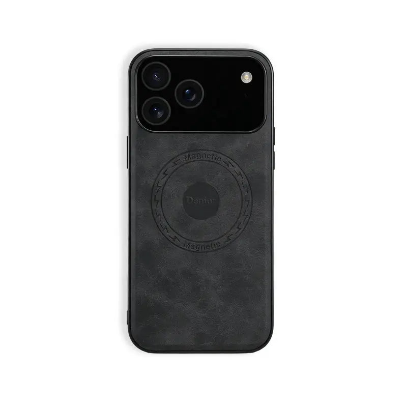 Black MagSafe leather iPhone case by PADUCASE with full protection and sleek design, shown on a white background.