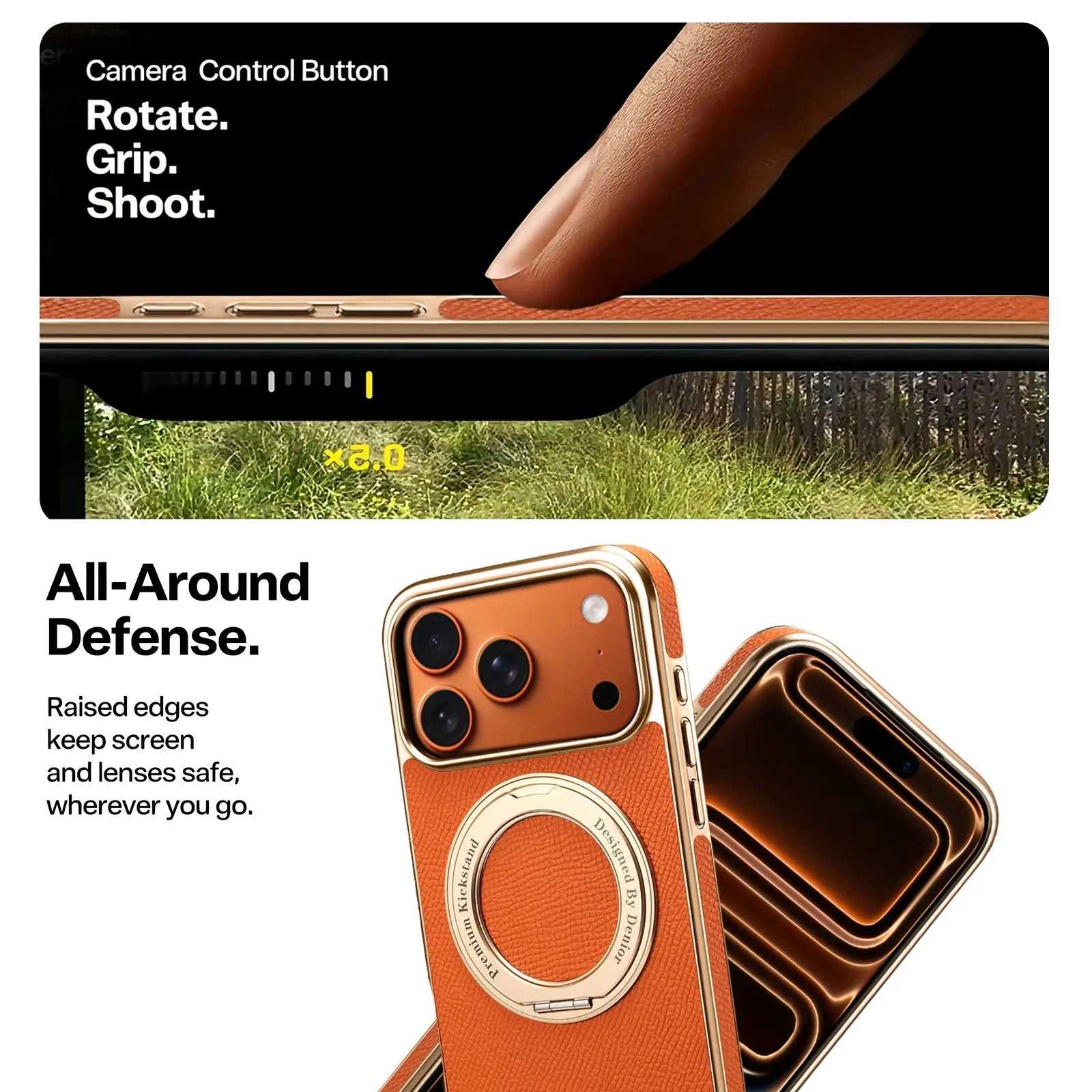 PadUcase MagSafe leather iPhone case with hand grip in orange, showing full protection and sleek design.