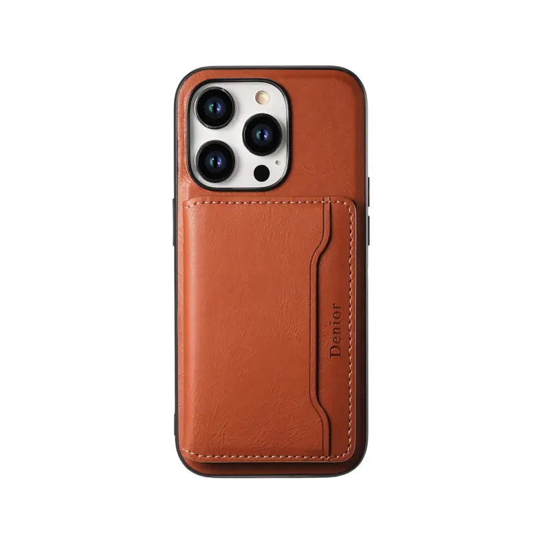 Khaki iPhone case with built-in MagSafe wallet and card holder by PADUCASE, showing the sleek design and card slots.