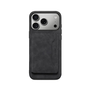 Blue leather iPhone case with MagSafe magnetic wallet for iPhone 12 to 17, featuring sleek design and secure attachment.