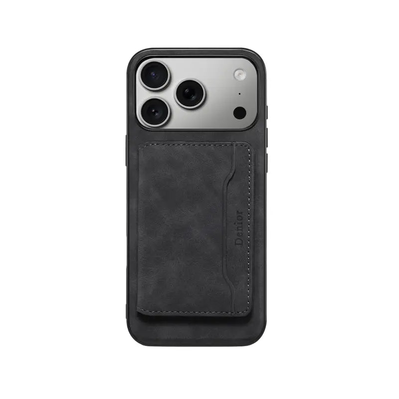 Blue leather iPhone case with MagSafe magnetic wallet for iPhone 12 to 17, featuring sleek design and secure attachment.