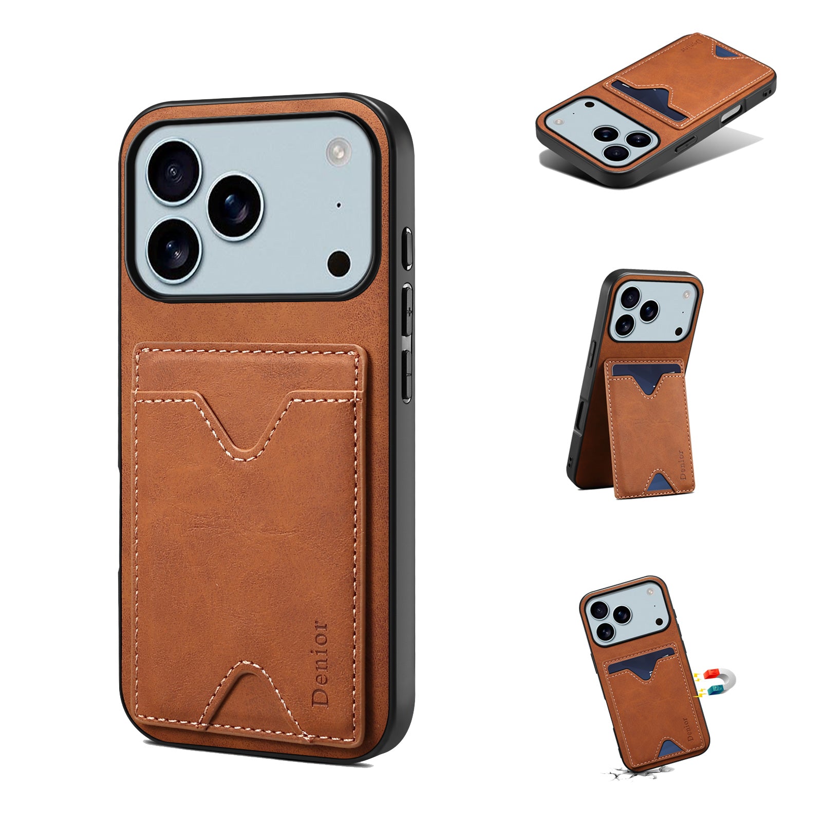 Leather iPhone Case with Foldable Stand – iPhone 12–17 Compatible (Brown)  | PE260059