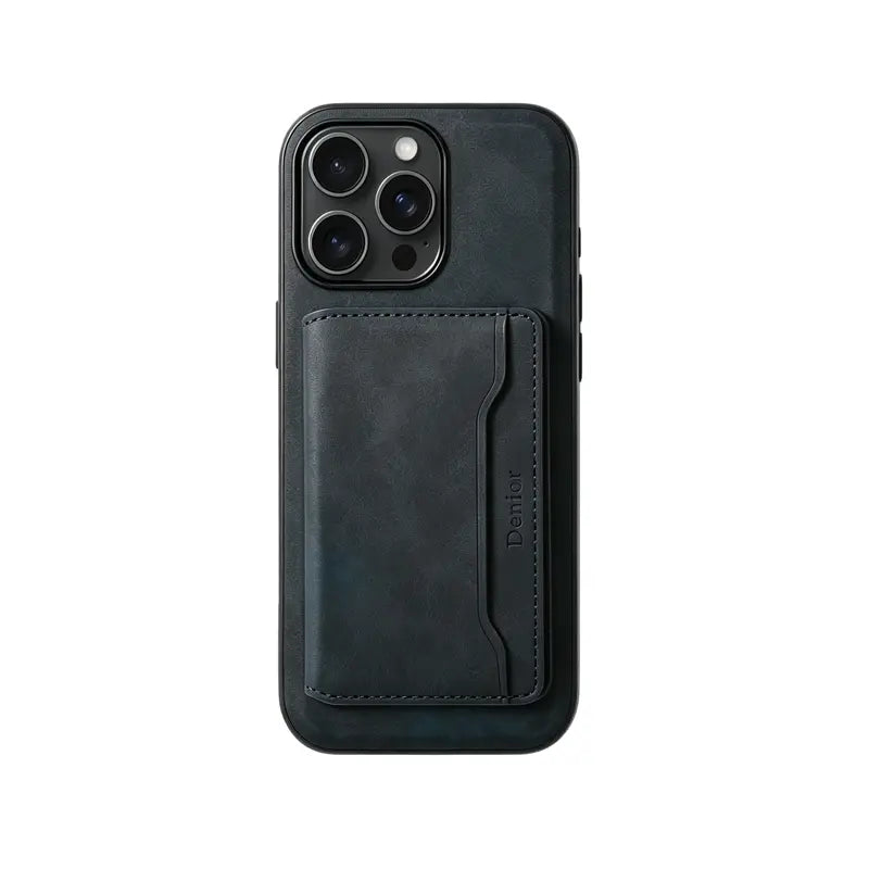 Blue leather iPhone case with MagSafe and card holder by PADUCASE, showing the sleek design and magnetic attachment.