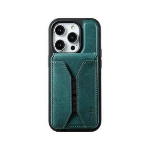 Brown leather MagSafe iPhone case with built-in magnetic card holder by PADUCASE, showcasing the sleek design and card slot.