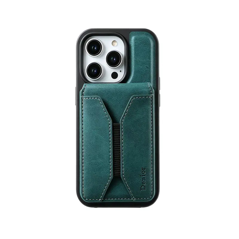 Brown leather MagSafe iPhone case with built-in magnetic card holder by PADUCASE, showcasing the sleek design and card slot.
