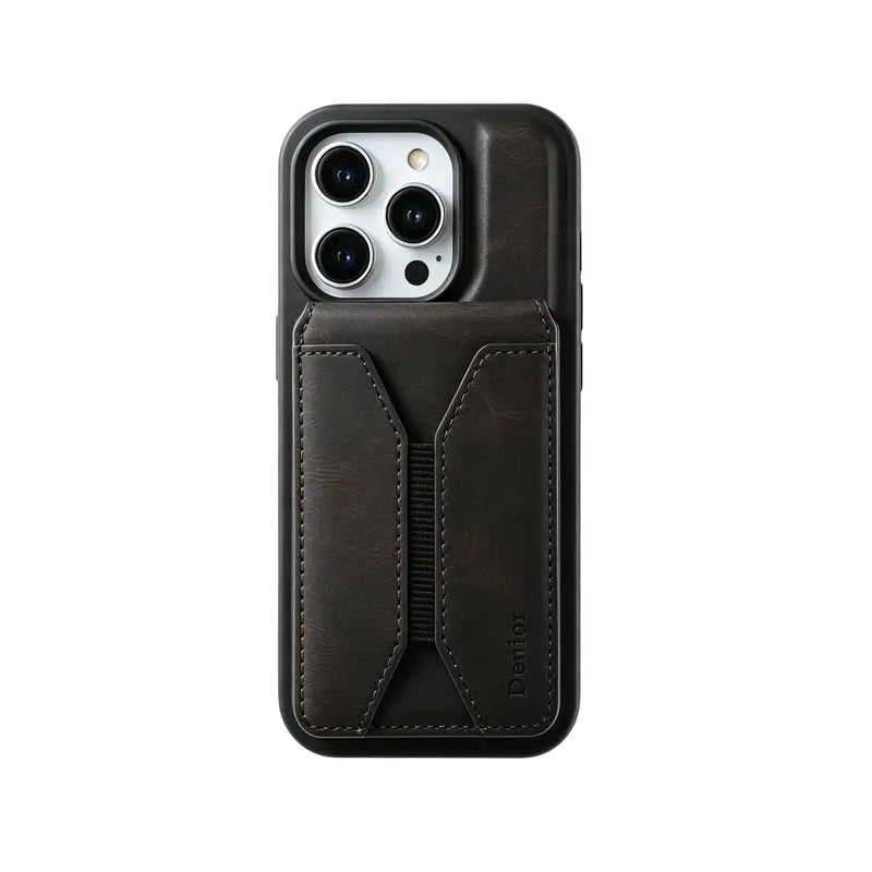 Brown leather MagSafe iPhone case with magnetic card holder by PADUCASE, showing the sleek design and card slot on the back.