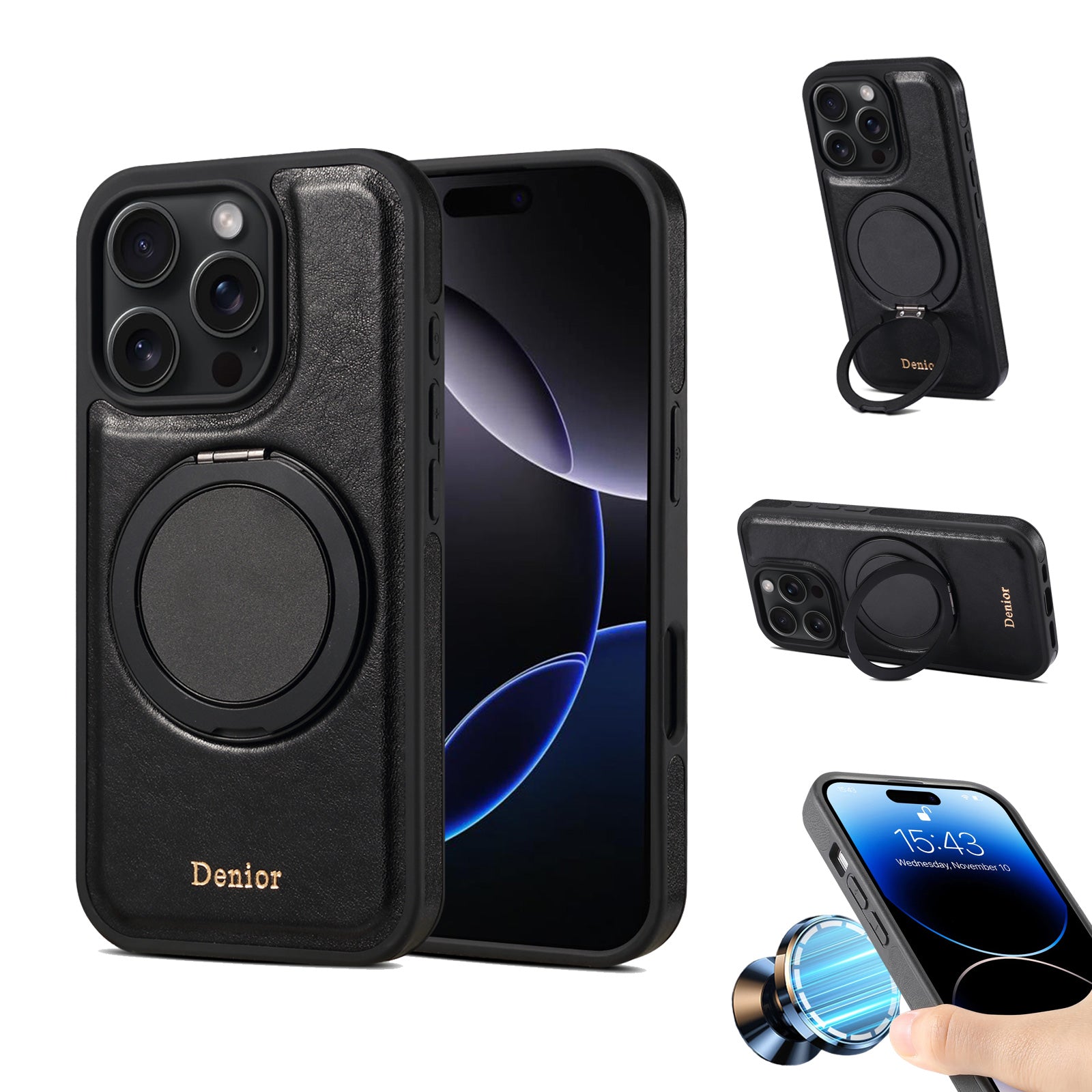 MagSafe Leather iPhone Case with Ring Holder for Men – Sleek Design (Black)  | PE260048