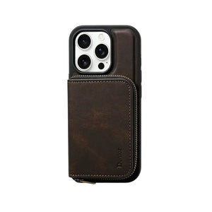 Black MagSafe leather iPhone case with integrated magnetic wallet by PADUCASE, showcasing slim, sleek design and secure magnetic attachment.