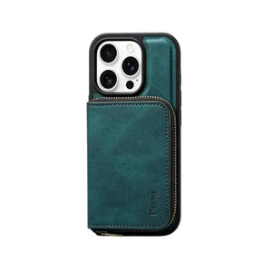 Black MagSafe leather iPhone case with integrated magnetic wallet by PADUCASE, showcasing sleek design and secure attachment.