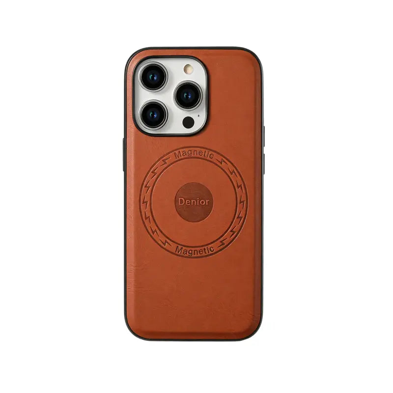 PADUCASE MagSafe leather iPhone case in brown with sleek design, showing the textured leather exterior and precise camera cutout.