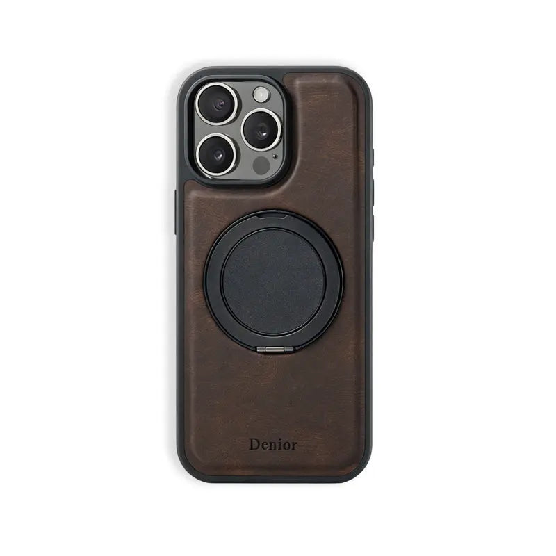 Brown leather iPhone case with stand from PADUCASE, featuring a durable protective cover and built-in stand for convenience.