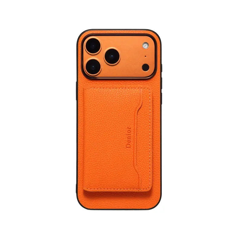 Black leather MagSafe cardholder iPhone case compatible with iPhone 12 to 17 by PADUCASE, featuring built-in card storage.