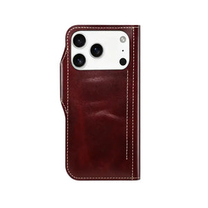 Brown leather iPhone case with card holder and strap, flip folio design by PADUCASE for protection and convenience.