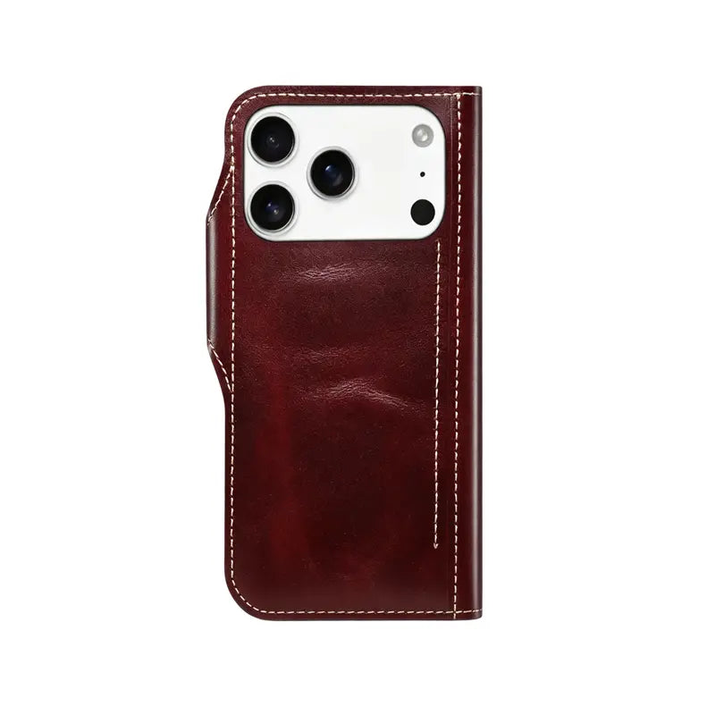 Brown leather iPhone case with card holder and strap, flip folio design by PADUCASE for protection and convenience.