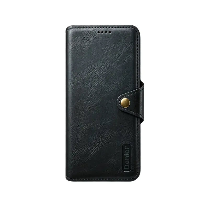 Khaki leather iPhone case with flip cover and card holder from PADUCASE, showing the wallet-style design with card slots.