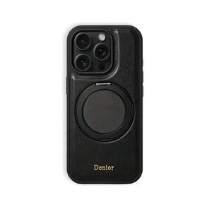 Black leather MagSafe iPhone case with built-in ring stand from PADUCASE, showing the sleek design and ring support feature.