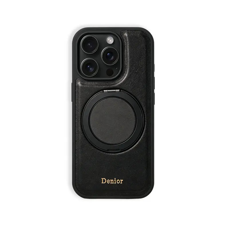 Black leather MagSafe iPhone case with built-in ring stand from PADUCASE, showing the sleek design and ring support feature.