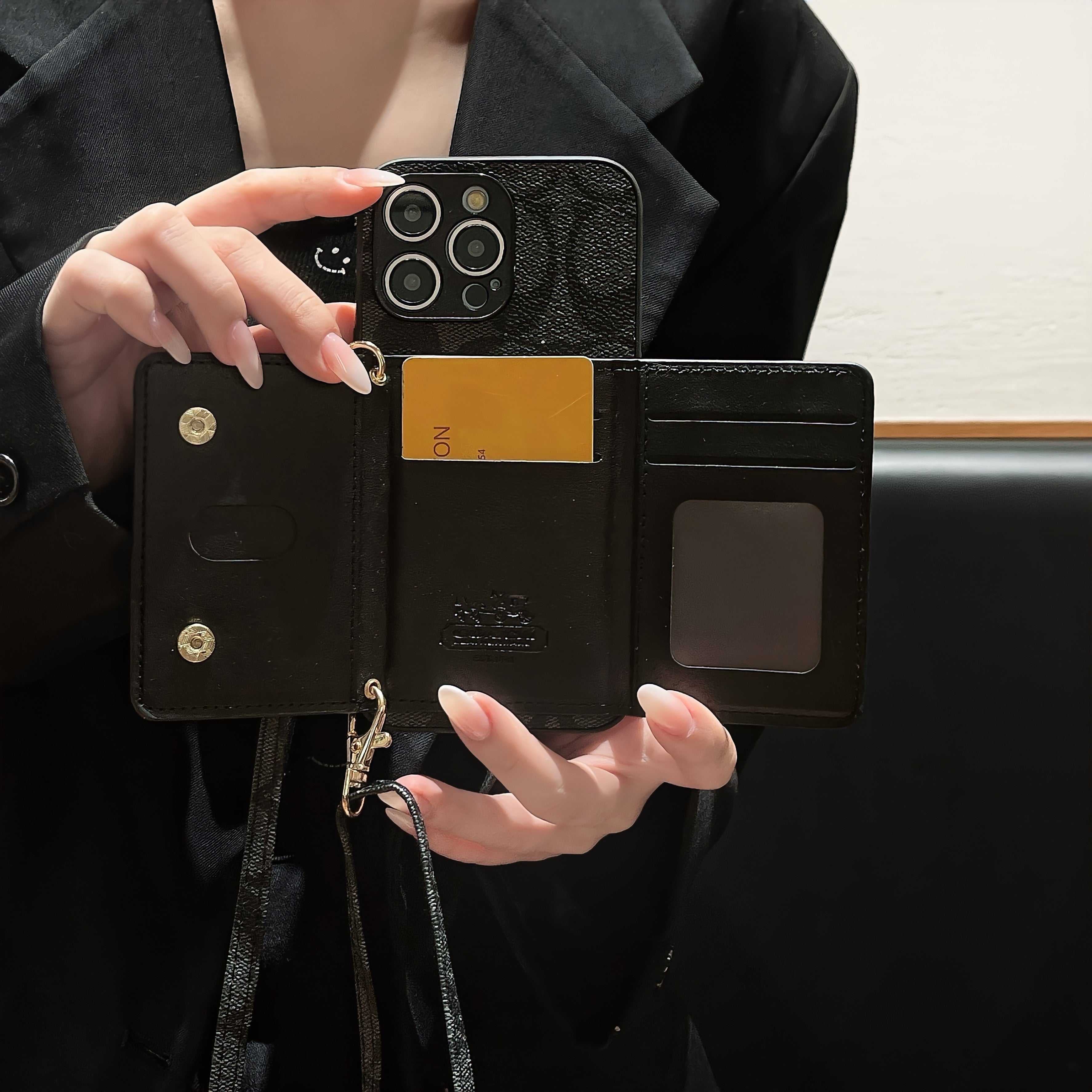 Leather CH Phone Case With Wallet  and Lanyard For iPhone Black | PE260094