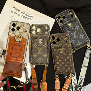 Classic  Leather Monogram iPhone Case With Card Wallet And Crossbody Strap For iPhone 17 Series-RCLV183
