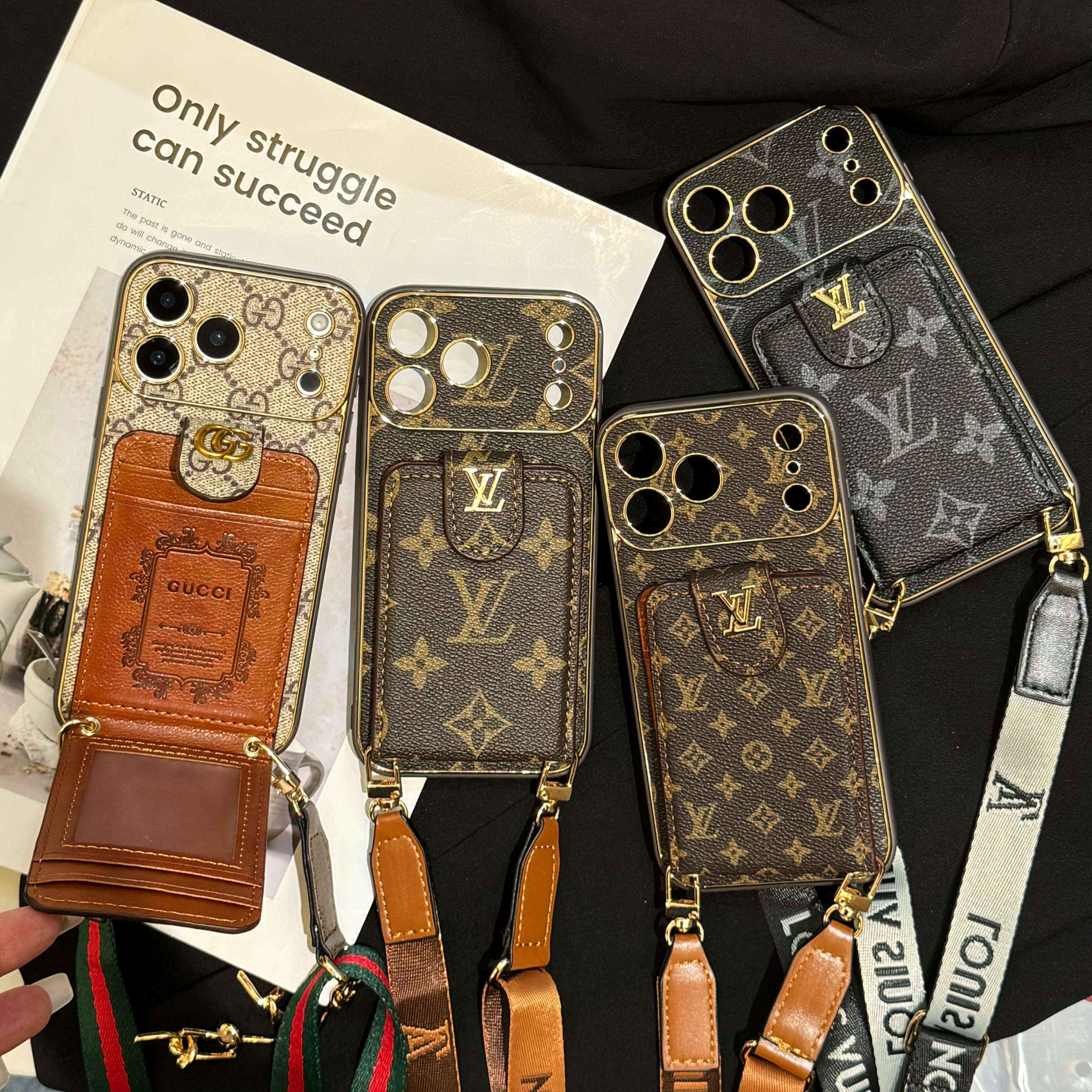 Classic  Leather Monogram iPhone Case With Card Wallet And Crossbody Strap For iPhone 17 Series-RCLV183