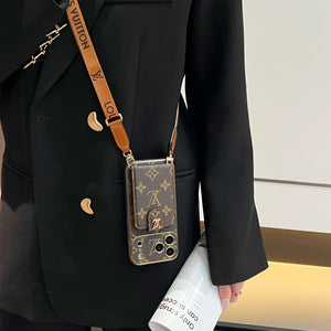 Classic  Leather Monogram iPhone Case With Card Wallet And Crossbody Strap For iPhone 17 Series-RCLV183