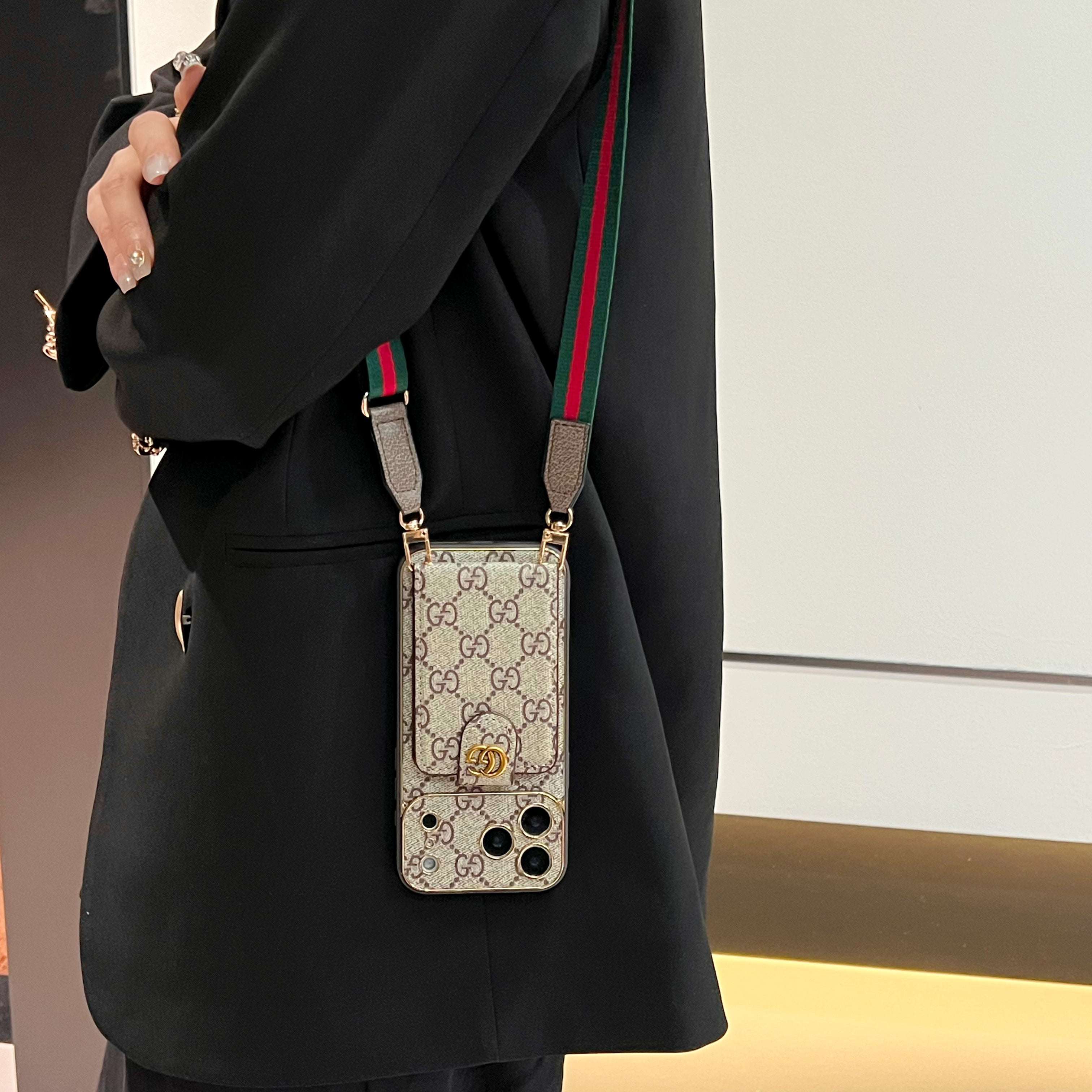 Luxury  Leather GG iPhone Case With Card Wallet And Strap For iPhone 17 Series-RCGG182