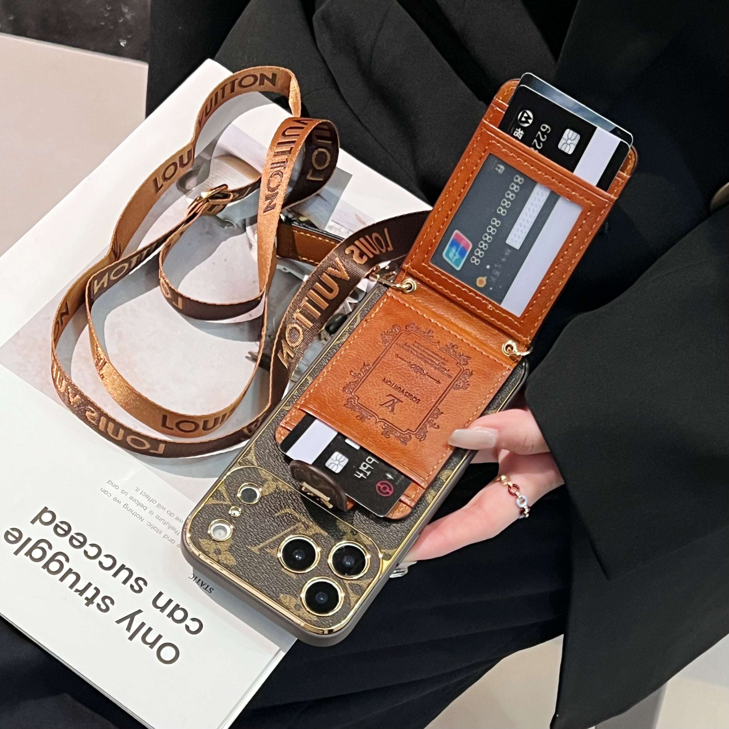Luxury  Leather GG iPhone Case With Card Wallet And Strap For iPhone 17 Series-RCGG182