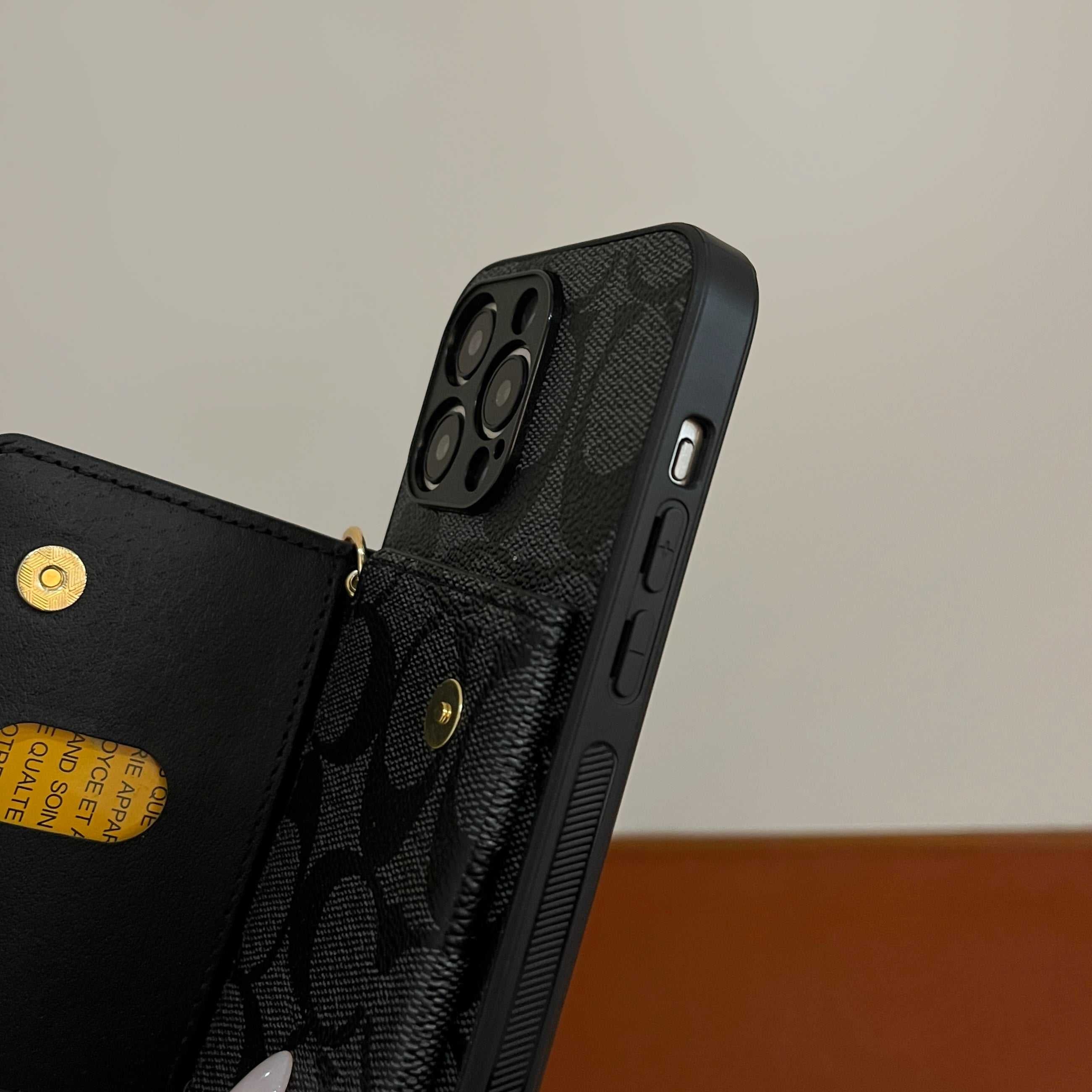 Leather CH Phone Case With Wallet  and Lanyard For iPhone Black | PE260094