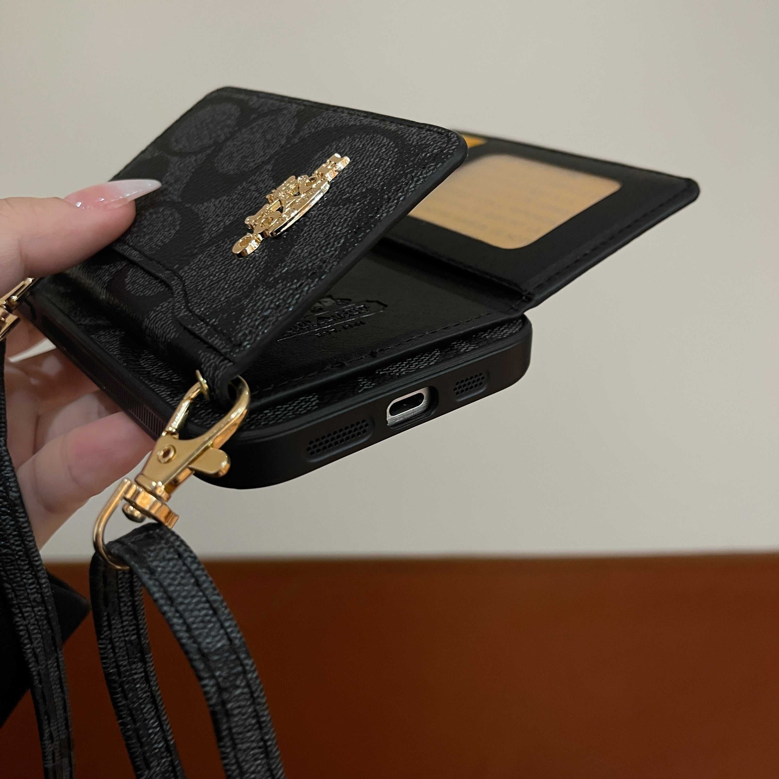 Leather CH Phone Case With Wallet  and Lanyard For iPhone Black | PE260094