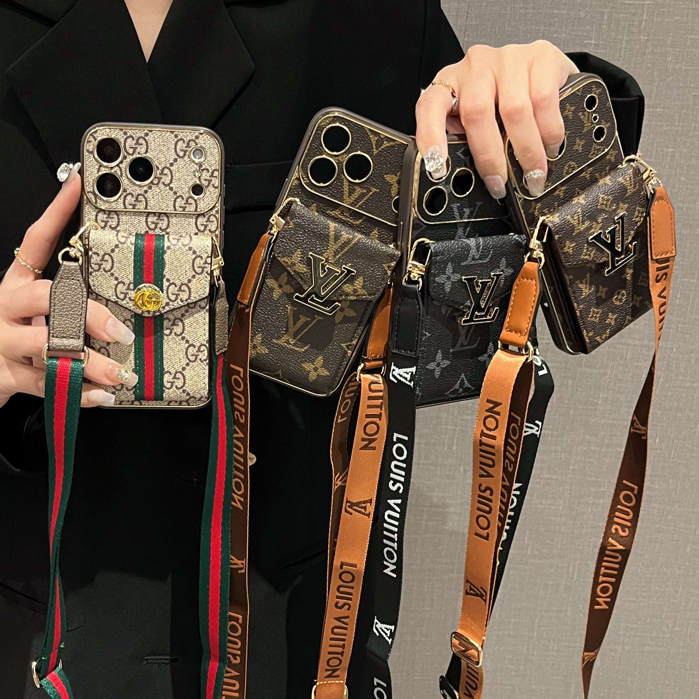 High-quality  Leather GG iPhone Case With Card Wallet And Crossbody Strap For iPhone 17 Series-RCGG184