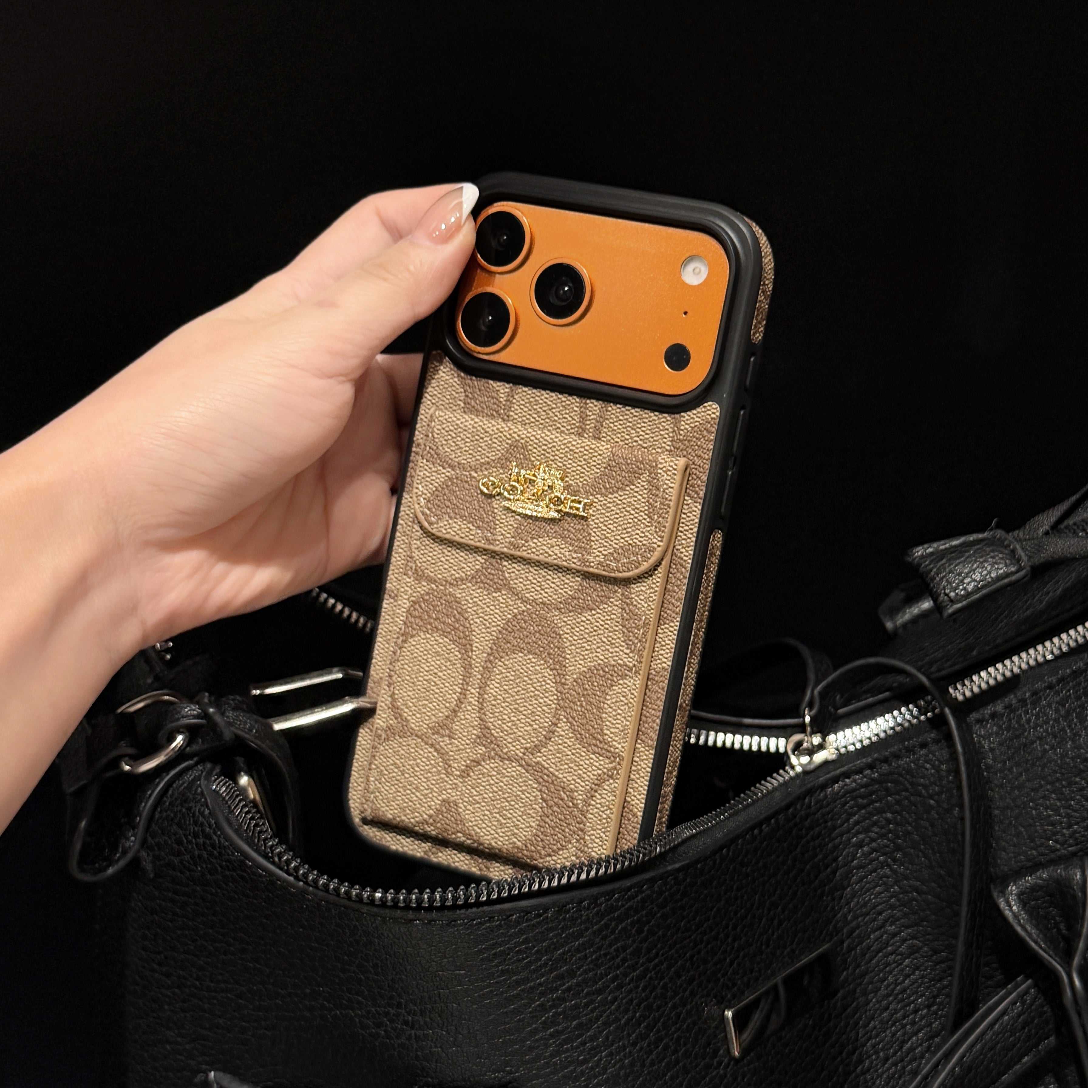 Leather CH Phone Case With Card Holder Design For iPhone Coffee | PE260096