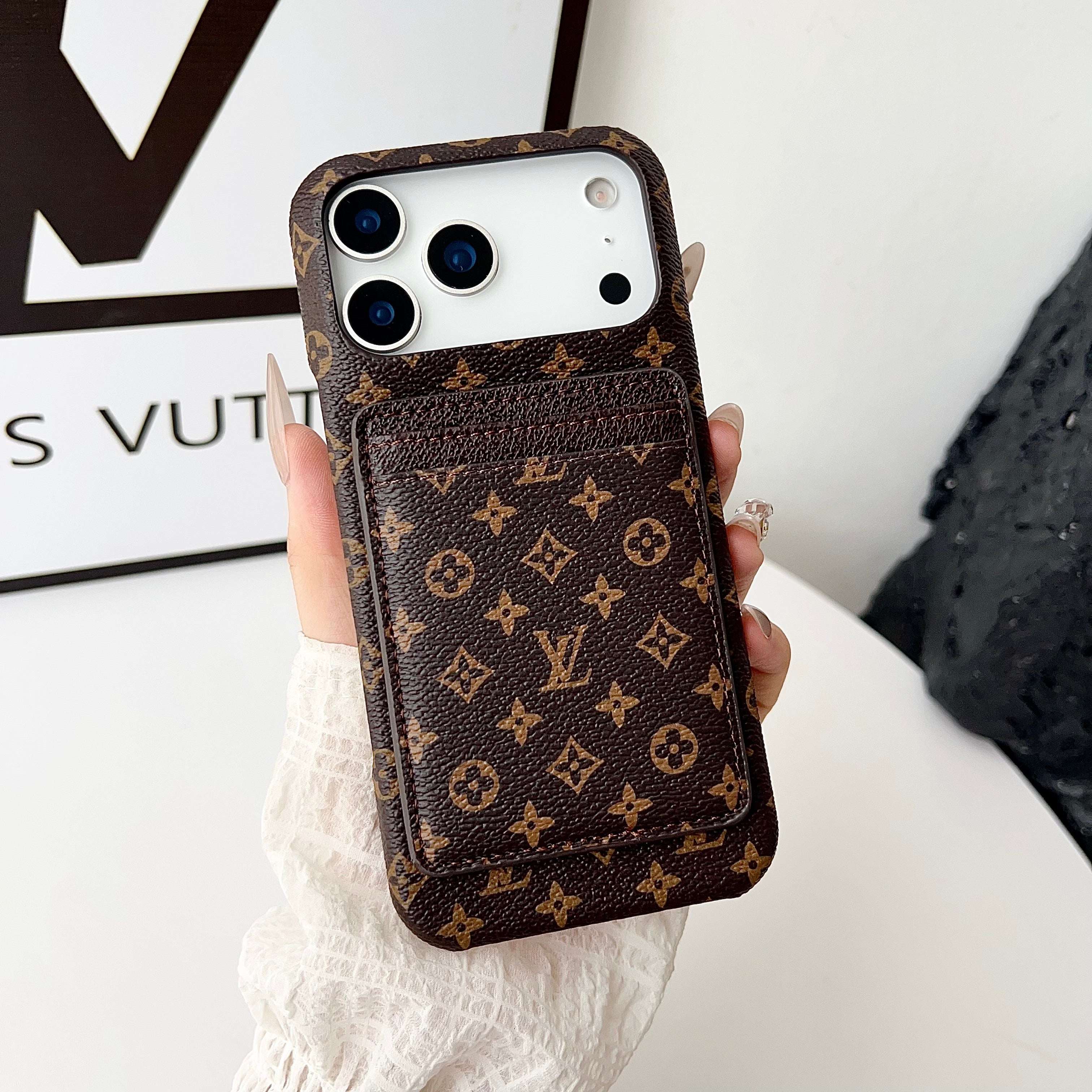 Leather Monogram iPhone Case With Card Holder For iPhone 17 Series-RCLV178