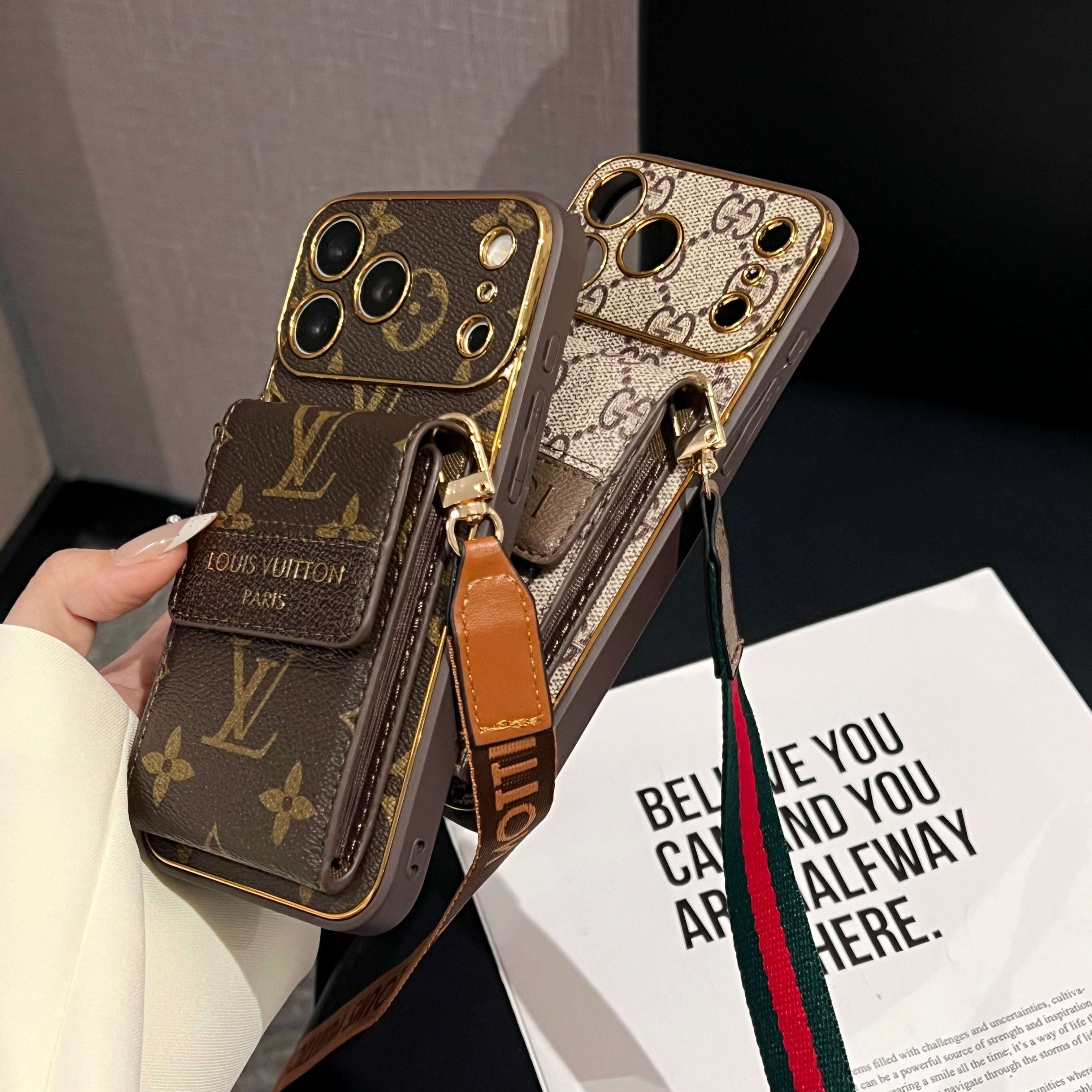 Leather GG iPhone Case With Card Wallet And Crossbody Strap For iPhone 17 Series-RCGG187