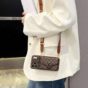 Luxury Leather  Monogram iPhone Case With Wallet And Crossbody Strap For iPhone 17 Series-RCLV190