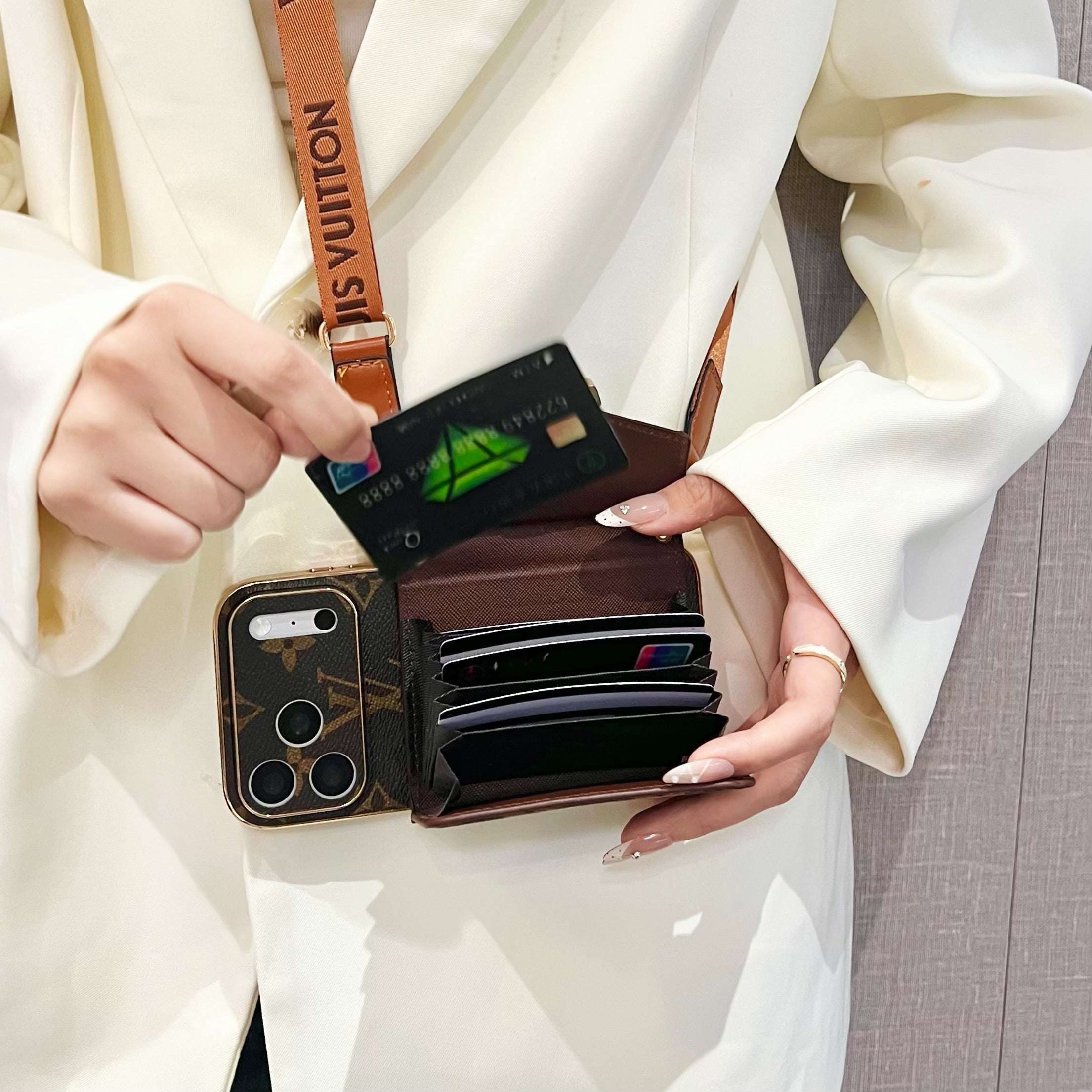 Luxury Leather  Monogram iPhone Case With Wallet And Crossbody Strap For iPhone 17 Series-RCLV190