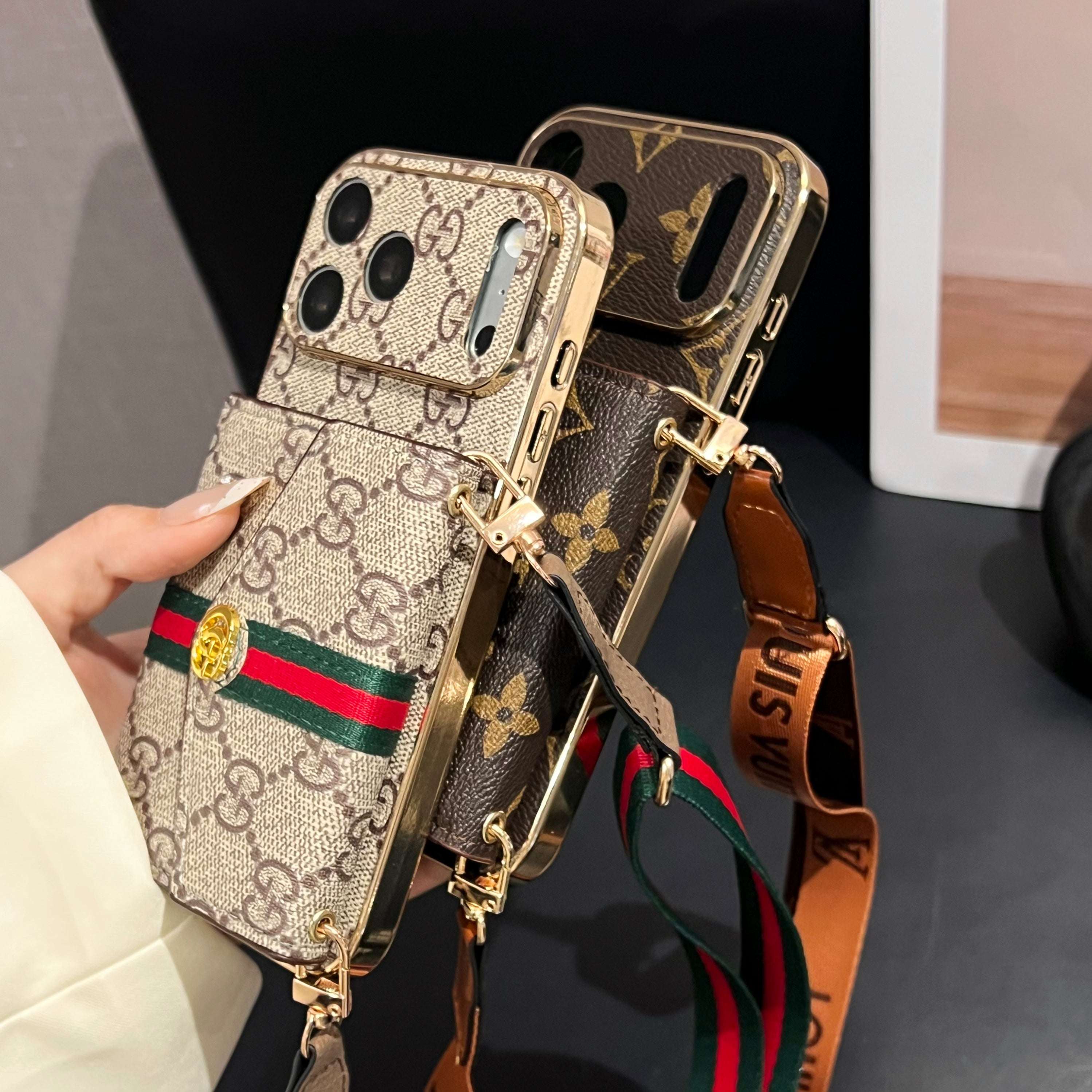 High-quality Leather GG iPhone Case With Card Wallet And Crossbody Strap For iPhone 17 Series-RCGG189