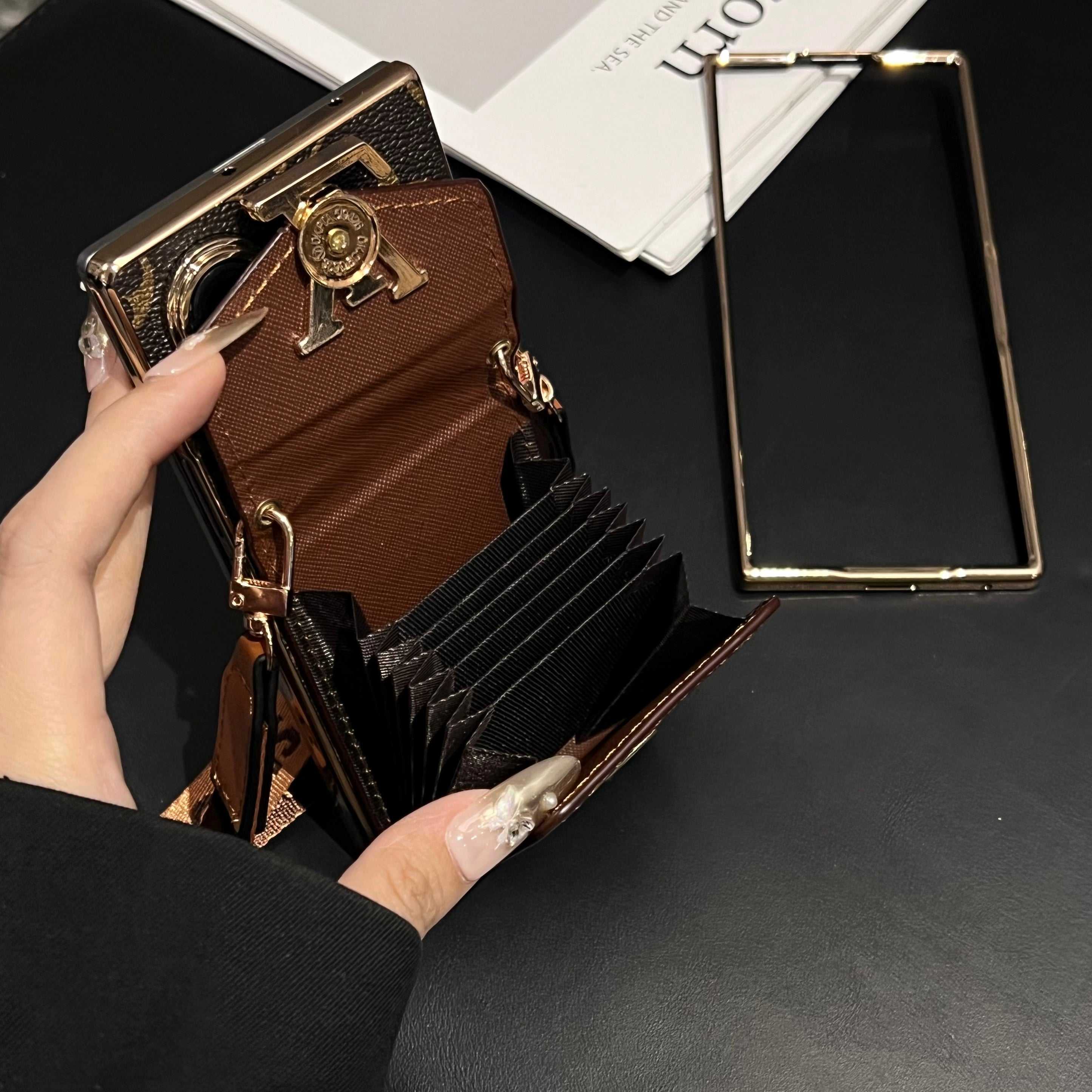 Luxury Monogram Samsung Galaxy Z Fold Series Case With Card Holder And Strap-RCLV093 - Runycase