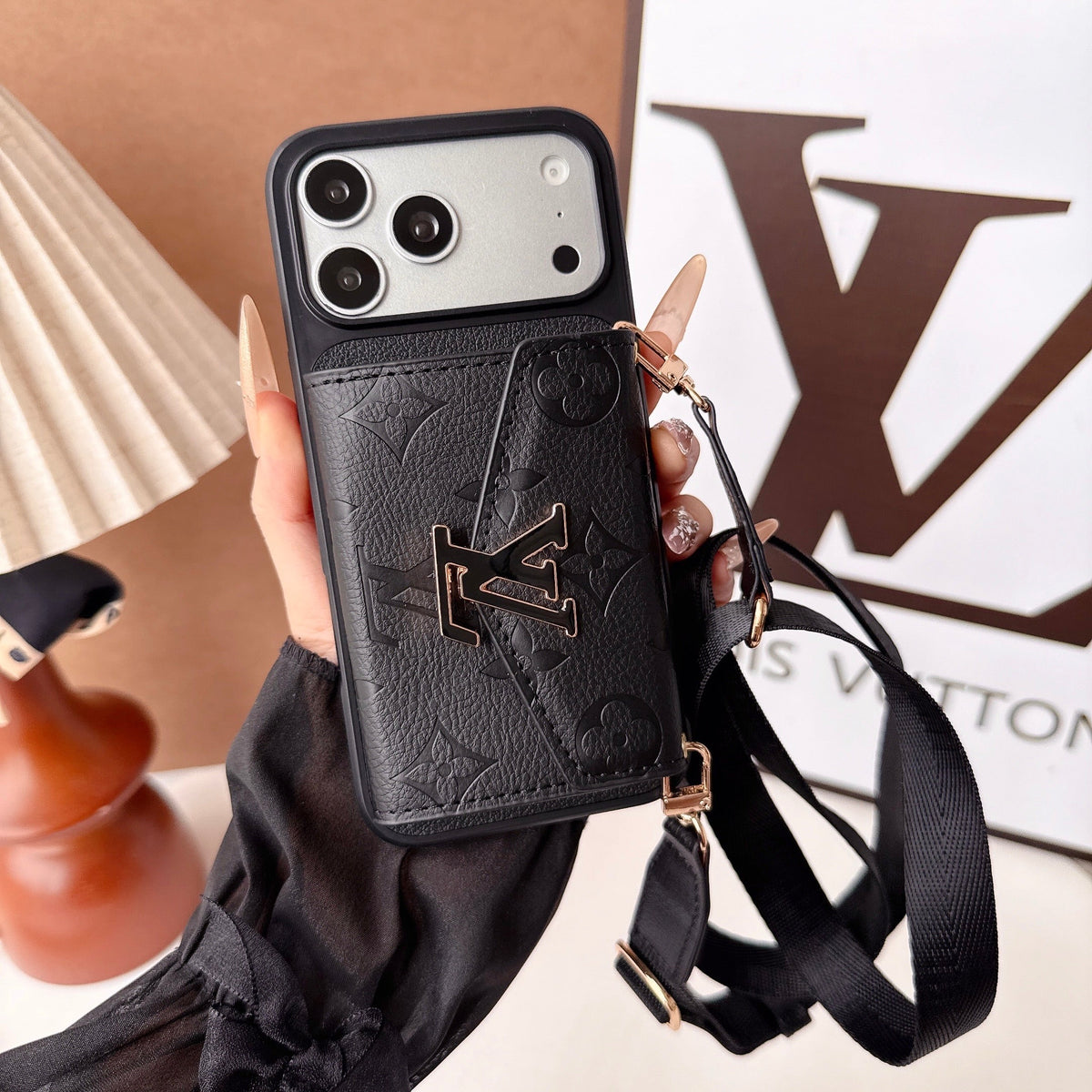 Leather Monogram Phone Case With  Card Holder And Crossbody Strap For iPhone Black | PE2600199