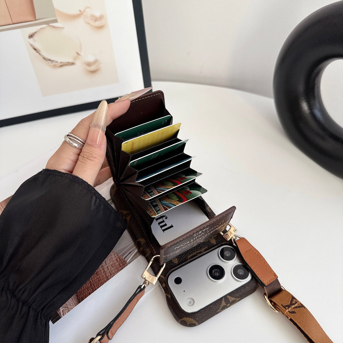 Leather Monogram Phone Case With Card Holder And Crossbody Strap For iPhone Big Printing | PE2600197
