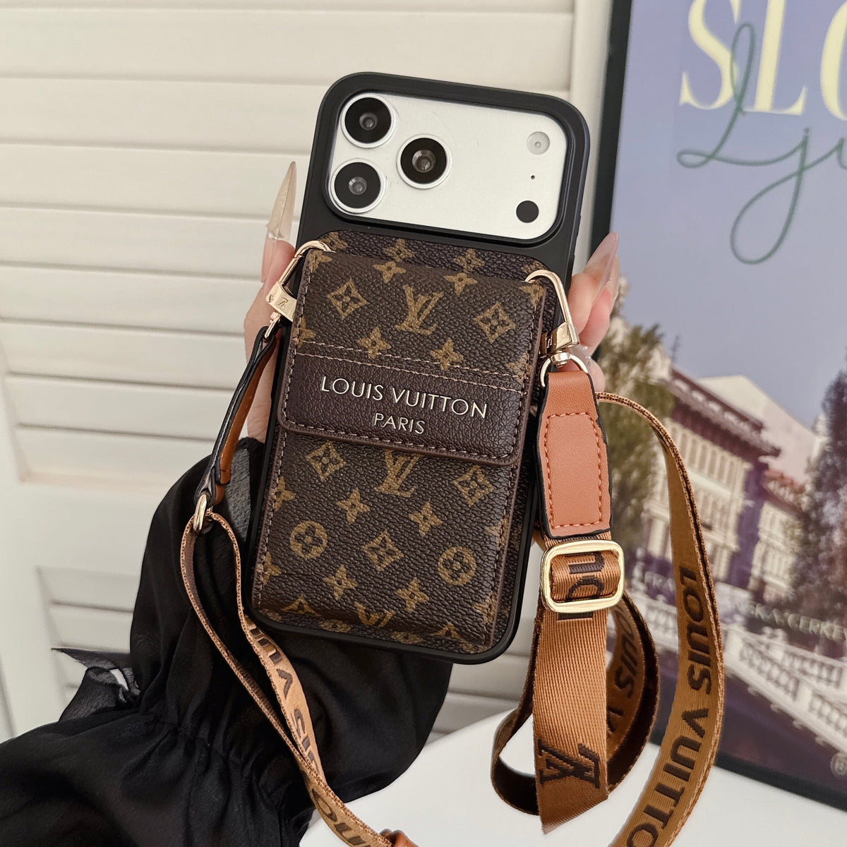 Leather Monogram Phone Case With Card Holder And Crossbody Strap For iPhone Small Printing | PE2600198