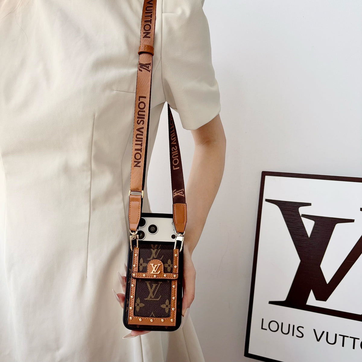 Leather Monogram Phone Case With Card Holder And Crossbody Strap For iPhone Big Printing | PE2600195